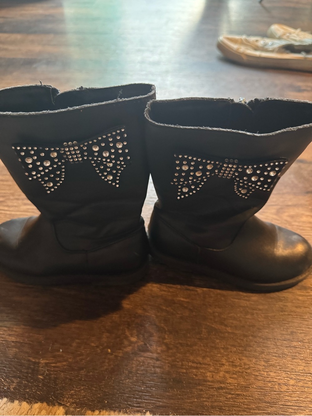 Girls Black Mid-Calf Boots with Studded Bow Accent